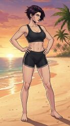 1girls ai_generated bare_arms bare_shoulders beach black_hair bra breasts confident confident_female confident_pose female female_focus female_only first_porn_of_character hands_on_hips highguard_(game) looking_at_side mara_(highguard) ocean outdoors outside sand short_hair shorts side_shave solo solo_female solo_focus standing sunset