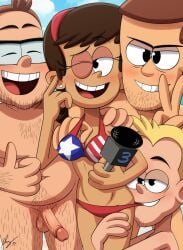 1girls 3boys 3boys1girl aleuz91 bikini biting blonde_hair blush breast_grab breasts brown_hair closed_mouth completely_nude dark-skinned_female dark_skin earrings facial_hair female female_focus female_only front_view glasses grabbing grabbing_from_behind hairband hairy hairy_male half-closed_eyes katherine_mulligan male_pubic_hair multiple_boys news_reporter nickelodeon nicktoons older_female open_mouth panties penis ponytail pubic_hair red_panties smile solo_female the_loud_house thumbs_up tied_hair wink