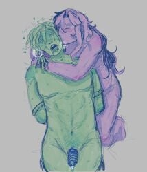 alan_becker animation_vs_minecraft blush gay green_(avm) green_body green_skin humanoid kissing long_hair long_hair_male male/male moaning motion_lines penis penis_in_ass purple_(avm) purple_body purple_skin simple_background stick_figure stickman tied_hands tied_up