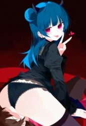 2girls :p ai_generated anonymous_female ass ass_on_face black_dress black_panties black_thighhighs blue_hair brown_hair clothed_facesitting demon_horns dress ear_piercing earrings face_in_ass faceless_female facesitting facesitting_through_clothes female female_only hair_bun hand_up heart horns jewelry juliet_sleeves lace-trimmed_panties lace_trim long_hair long_sleeves looking_at_viewer looking_back love_live! love_live!_sunshine!! milua multiple_girls panties piercing puffy_sleeves self_upload single_hair_bun single_side_bun sitting sitting_on_face sitting_on_person thighhighs tongue tongue_out tsushima_yoshiko underwear v yuri
