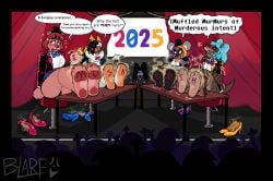 2025 4girls 5_toes absurd_res angry anthro auburn_hair audience barefoot bat bear black_hair black_tie_(suit) blarf022 blarf_(blarf022) blue_eyeshadow blue_hair blue_lipstick blush body_writing bondage bound bow_tie brown_body brown_fur clothing colugo countershade_feet countershading cross-popping_vein dialogue dirty dirty_feet english_text eyeshadow feet female foot_fetish foot_focus foot_on_table footprint_in_shoe footwear fur furniture gag gesture grey_body grey_fur group hair hand_gesture hi_res high_heels honduran_white_bat humanoid_feet kinx_(blarf022) koala leaf-nosed_bat lipstick makeup mammal marker marsupial microbat multicolored_hair musk musk_month musky_feet patterned_fur plantigrade pointing pointing_at_another red_eyeshadow restrained restraints rope rope_bondage sheila_koala_(blarf022) sherry_bear_(blarf022) shoes shoes_removed sitting smelly smelly_feet smelly_shoes soles stage stage_curtains stink_fumes stocks struggling suit table tape tape_gag text toes two_tone_hair venus_von_colugo_(blarf022) vombatiform vranda_von_bat_(blarf022) white_body white_fur writing_on_foot yangochiropteran