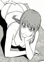1girls ai_generated bikini chainsaw_man female female_only hai laying_on_stomach makima_(chainsaw_man) monochrome pinup solo white_bikini