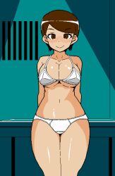 1girls 2d big_breasts blush bra breasts brown_eyes brown_hair fukei_(jermaneels) game_cg jermaneels large_breasts panties pixel_art smile strip_rock-paper-scissors_-_police_edition thick_thighs thighs underwear underwear_only white_bra white_panties white_underwear