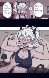 ai_generated big_breasts breast_grab demon_girl ends34 female female_focus grabbing_another's_breast grope helltaker horns pandemonica_(helltaker) red_eyes silver_hair sports_bra sportswear white_hair
