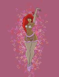 1boy 2d ahoge arm_behind_head arm_sleeves balls big_thighs bra brown_body brown_skin chastity_cage color crossdressing crossdressing_(mtf) dark-skinned_femboy dark-skinned_male dark_skin exposed_penis femboy femboy_only feminization flat_chastity_cage flat_chest flat_chested forced_presentation freckles garter_belt high_heels lingerie long_fingernails long_hair male male_only no_panties original painted_fingernails painted_nails red_hair simple_background sissy solo stockings tan_body tan_skin testicles thigh_highs thighhighs unknown_artist wide_hips