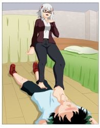 1boy 1girl arlioth barefoot boku_no_hero_academia deku denki_anma dominant_female foot_domination foot_fetish foot_lick foot_worship footjob footjob_over_clothes fuyumi_todoroki izuku_midoriya midoriya_izuku my_hero_academia older_female_and_younger_male standing_footjob stepped_on stepping_on_penis submissive_male trample trampling