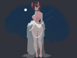 ass back back_view backboob big_breasts breasts brown_hair cameltoe from_behind gown horn looking_at_viewer moon moonlight night night_sky nilevelum purple_eyes pussy red_horns robe saltylaura seductive seductive_look seductive_smile see-through see-through_clothing star veil