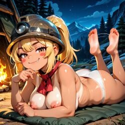 ai_generated bare_feet blonde_hair blush blush_stickers brown_eyes campfire fang_out fire goombella helmet large_breasts mario_(series) mountain nature night nintendo outdoors paper_mario paper_mario:_the_thousand-year_door ponytail red_ascot round_ass seductive sleeping_bag tanline white_panties white_skin