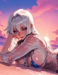 1girls ai_generated ashe_(league_of_legends) balecxi beach bikini bikini_under_clothes blue_bikini blue_eyes breasts clothing cloud curvaceous curvaceous_female curvaceous_figure curvy curvy_figure dutch_angle epaulettes evening female female_focus hair_between_eyes hair_intakes head_rest inviting inviting_to_sex large_breasts league_of_legends lips long_hair looking_at_viewer lying military military_uniform ocean on_stomach outdoors parted_lips presenting presenting_breasts presenting_self seductive seductive_look seductive_smile see-through see-through_shirt shirt side-tie_bikini_bottom sideboob sky smile solo string_bikini sun sunset swimsuit uniform voluptuous voluptuous_female water wet wet_clothes wet_hair wet_shirt white_hair white_shirt