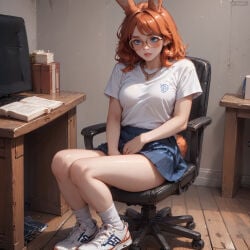 ai_generated aurora_(league_of_legends) 1girl solo long_hair breasts looking_at_viewer blush blue_eyes shirt large_breasts skirt brown_hair animal_ears jewelry sitting medium_breasts tail white_shirt full_body short_sleeves thighs earrings pleated_skirt parted_lips teeth shoes socks glasses indoors artist_name medium_hair miniskirt necklace mole rabbit_ears orange_hair animal_ear_fluff blue_skirt legs lips mole_under_eye book wavy_hair white_socks chair thick_eyebrows white_footwear rabbit_tail sneakers t-shirt mole_under_mouth clothes_writing desk between_legs freckles round_eyewear legs_together hand_between_legs wooden_floor rabbit_girl shirt_tucked_in open_book nose realistic pen on_chair computer monitor rimless_eyewear book_stack laptop swivel_chair office_chair biting_own_lip gold_chain yellow-framed_eyewear drawer office viera body_freckles thick_lips gaming_chair