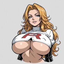 ai_generated female female_only huge_breasts matsumoto_rangiku naughty_face team_rocket_uniform