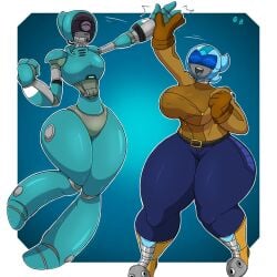 robo-ray iu_(omegabrawl) 2_robots high_five wholesome blue_metal clothed boots blue_eyes metal epic_games fortnite omegabrawl fortnite:_save_the_world