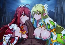 1boy 2girls ai_generated angry assisted_fellatio blonde_hair blowjob blush cleavage closed_eyes cock_worship cum dark-skinned_male elesis_(elsword) elf elsword fellatio female happy huge_cock interracial large_breasts large_penis licking licking_penis long_hair medium_breasts nipple_slip outdoors penis penis_awe red_eyes red_hair rena_(elsword) self_upload tagme