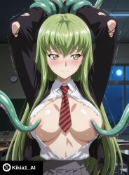 ai_generated big_breasts c.c. code_geass covered_nipples exposed_breasts green_hair kikia1 long_hair round_breasts skinny slender_waist tentacle torn_clothes