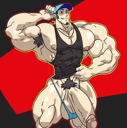 1boy armpit armpit_hair balls bara baseball_cap cross_necklace ear_piercing flaccid hand_behind_head human hunk hyper junpei_iori male male_only megami_tensei necklace penis persona_3 remert solo solo_male tank_top thong