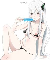areola_slip bellt bikini_bottom bikini_bottom_aside bikini_top_undone blush cute cute_face echidna_(re:zero) female female_focus female_only long_hair looking_at_viewer niet_zsu nipple_slip pale-skinned_female petite petite_female pink_areola pink_nipples popsicle popsicle_melting purple_eyes re:zero_kara_hajimeru_isekai_seikatsu sexy sexy_body slender slender_body small_breasts solo solo_female solo_focus tiny_breasts tummy white_hair
