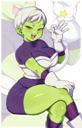 2d 2d_(artwork) 2d_artwork big_ass big_breasts big_thighs big_titties busty busty_female cheelai crossed_legs curvaceous curvy curvy_figure dragon_ball_super dragon_ball_super_broly eyelashes green_skin hourglass_figure hourglass_figured_female kharuart ok_sign open_smile pink_eyes shiny_skin thick_ass thick_legs thick_thighs thin_waist tight_clothes tight_clothing tight_fit white_hair