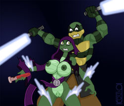 5_fingers anthro battle big_breasts breasts clothed clothing darth_viper duo female fingers genitals green_body greg_panovich hood lightsaber male melee_weapon nipples pubic_tattoo pussy reptile scalie simple_background skimpy snake star_wars torn_clothing watermark weapon