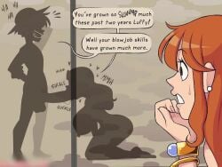 1boy 3girls a-gal animated black-haired_female black_hair boa_hancock dialogues english_text female huge_breasts jealous_female long_penis luffy male monkey_d_luffy nami_(one_piece) nico_robin one_piece orange-haired_female orange_hair secret_comics tagme text threesome video voice_acted