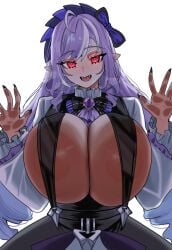 areola_slip areolae barely_contained_breasts barely_covered_breasts big_breasts blue_bow breasts breasts_against_glass breasts_bigger_than_head breasts_focus breasts_pressed_on_glass busty busty_female fancy_clothing female female_focus female_only hands_against_glass huge_breasts looking_at_viewer loptimizer oppai pale-skinned_female purple_hair red_eyes solo solo_female solo_focus teeth_gap vivian_(zenless_zone_zero) zenless_zone_zero