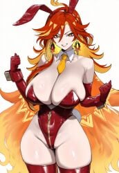 1girls ai_generated animal_ears bangs bare_shoulders blush breasts bunny_ears bunny_girl bunnysuit cleavage covered_navel detached_collar earrings elbow_gloves fake_animal_ears female_only genshin_impact gloves highleg highleg_leotard huge_breasts jewelry leotard light-skinned_female light_skin long_hair looking_at_viewer mavuika_(genshin_impact) mihoyo multicolored_hair natlan_girls red_hair red_legwear red_leotard stockings strapless strapless_leotard truck-kun_art truck_kun very_long_hair
