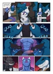 a absurd_res abyss_(e-zoid) anthro arm_grab big_penis black_body black_sclera blue_body blue_eyes blue_penis bodily_fluids body_worship canid canine canis claws clothed clothing comic cybernetics cyberpunk cyborg dialogue dragon duo e-zoid english_text face_in_balls face_in_crotch fellatio finger_claws fish foreskin genital_fluids genital_worship genitals group hi_res huge_cock jackal jacket kiddie_jukes machine male male/male mammal marine multiple_scenes muscular mythological_creature mythological_scalie mythology necktie nervous nervous_smile nervous_sweat oral partially_clothed penetration penile penis penis_worship precum scalie scar sex shark size_difference speech_bubble steam steaming_body streetwear suit sweat techwear text topwear torn_clothing trio vanta_(e-zoid) vein veiny_penis white_eyes zoid_(e-zoid)