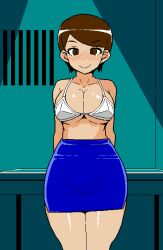 1girls 2d big_breasts blush bra breasts brown_eyes brown_hair fukei_(jermaneels) game_cg jermaneels large_breasts no_shirt pixel_art police police_uniform policewoman shirtless skirt smile strip_rock-paper-scissors_-_police_edition thick_thighs thighs underwear white_bra white_underwear