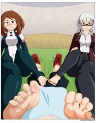 1boy 2girls arlioth barefoot boku_no_hero_academia cooperative_footjob deku denki_anma double_footjob footjob footjob_over_clothes footjob_pov fuyumi_todoroki izuku_midoriya midoriya_izuku my_hero_academia ochaco_uraraka ochako_uraraka ochako_uraraka_(hero_outfit) older_female_and_younger_male pov_male standing standing_footjob stepped_on stepping_on_penis teamwork uraraka_ochaco uraraka_ochako uraraka_ochako_(hero_outfit) uravity
