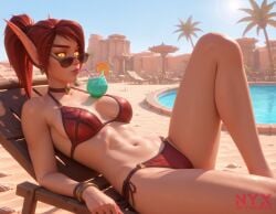 1girls 3d ai_generated bikini blood_elf cocktail desert elf elf_ears nyxworks pointed_ears pointy_ears pool red_hair sand solo sunglasses warcraft world_of_warcraft yellow_eyes
