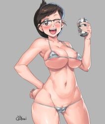 1girls 2017 areola_slip areolae beer beer_can big_breasts bikini bikini_bottom bikini_top bottomwear breasts brown_eyes brown_hair cooking_papa drink eyewear female female_only glasses hair hand_on_hip holding_drink holding_object mature mature_female mature_woman milf mother nijiko_araiwa nipple_bulge obui one_eye_closed open_mouth pussy_peek short_hair smile solo solo_female swimwear teeth thighs topwear white_bikini wink winking