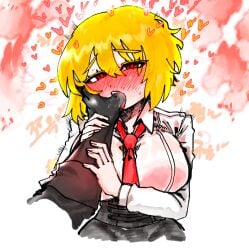 1girls 1other big_breasts blonde_hair blush blushing_at_viewer breasts dante_(limbus_company) dark_skin don_quixote_(limbus_company) eyelashes finger_in_mouth fully_clothed grabbing heart heart_symbol light-skinned_female light_skin limbus_company looking_at_viewer pov project_moon red_eyes short_hair udiedguy