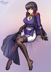 1girls amulet artist_name big_breasts black_hair boots cape cleavage dated fire_emblem fire_emblem:_thracia_776 fully_clothed gloves medium_hair minacream nintendo olwen_(fire_emblem) on_bed purple_eyes simple_background sitting smile solo solo_female