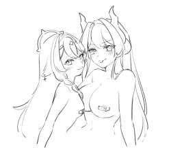 2girls bandage bandage_on_nipples black_and_white braid female floppy_ears fox fox_ears fox_girl hair_ornament halo healer healkaia healkaia_(vtuber) hourglass_figure large_breasts line_art long_hair pose pressed_against pressed_together pressing_breasts_together rpg sexy_pose sketch small_breasts smile stuck_out_tongue virtual_youtuber
