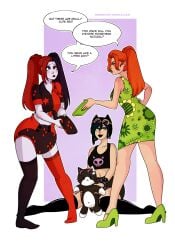 2015 arguing catwoman clean_diaper dialogue diaper dress harley_quinn holding_diaper merunyaa plushie poison_ivy simple_background trio wearing_diaper
