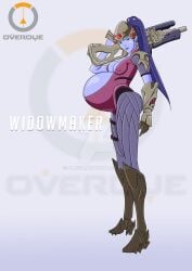 1girls belly big_belly big_breasts blue_skin breasts cleavage female female_only nipple_bulge overwatch plus1b ponytail pregnant solo_female widowmaker