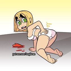 all_fours ass big_ass big_thighs blonde_hair bra clothing ear_piercing female_only green_eyes hand_on_ass hennah looking_back muyhiram open_mouth panties pussy short_hair tooth_gap