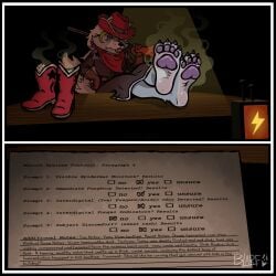 2026 4_toes absurd_res anthro barefoot black_border blarf022 boots boots_removed border canid canine canis claws clothing cowboy_boots cowboy_hat deadeye_roxanne deadeye_roxy dirty dirty_feet english_text feet feet_up female five_nights_at_freddy's five_nights_at_freddy's:_secret_of_the_mimic five_nights_at_freddy's:_security_breach foot_focus foot_on_table footwear fur furniture grey_body grey_fur gun hat headgear headwear hi_res holding_gun holding_object holding_ranged_weapon holding_rifle holding_weapon looking_at_viewer mammal musk pawpads plantigrade plantigrade_pawpads ranged_weapon rifle roxanne_wolf scottgames shoes shoes_removed smell_profile smelly smelly_feet soles solo steel_wool_studios stink_fumes table text toe_claws toes weapon wolf