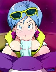 1boy 1girls :>= animated big_penis blowjob blue_eyes blue_hair bulma_briefs cheating dragon_ball dragon_ball_super eye_contact eyewear_on_head fellatio female gmeen huge_cock interspecies jaco jaco_the_galactic_patrolman lipstick_mark lipstick_on_penis looking_at_viewer male male_pov milf oral penis pov shorter_than_30_seconds shounen_jump sound sunglasses sunglasses_on_head unseen_male_face vertical_video video