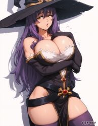 ai_generated arm_under_breasts cleavage fr34ky hand_on_own_chest huge_breasts mature_female round_breasts witch witch_(goblin_slayer) witch_hat