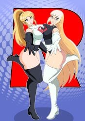 2girls alternate_costume arm_out big_ass big_breasts blonde_hair bubble_butt female_only female_with_female hand_out huge_breasts large_ass large_breasts nintendo pokemon pressed_against pressed_together pressing_against pressing_breasts_together stockings team_rocket team_rocket_uniform thick_thighs