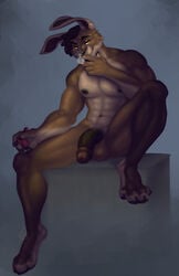 anthro balls braided_hair brown_body brown_fur brown_hair by_dream cigarette flaccid fur genitals hair half-closed_eyes hare hi_res humanoid_genitalia humanoid_penis lagomorph lee_(hellkara) leporid looking_at_viewer male mammal muscular muscular_anthro muscular_male narrowed_eyes nude penis sitting smoke smoking solo