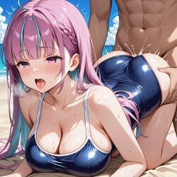 ai_generated beach doggy_style female hololive hololive_gen_2 hololive_japan light_blue_hair minato_aqua purple_eyes purple_hair saliva school_swimsuit sweat two-tone_hair