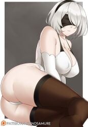 1girls android aslindsamure ass big_ass big_breasts blindfold bob_cut breasts clothed female goddess headband leotard mole_under_mouth nier nier:_automata nipples nipples_visible_through_clothing short_hair solo stockings thick_thighs white_hair yorha_2b