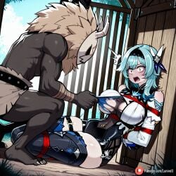 1boy 1boy1girl 1girls ai_generated anthro arms_behind_back before_sex big_breasts blue_hair bondage bound bound_arms breasts cage captured cleavage dark-skinned_male duo eula_(genshin_impact) eyes_open female female_focus genshin_impact hair_ornament higher_resolution_at_source higher_resolution_available hilichurls_(species) leotard lunivelle male medium_hair on_floor open_mouth patreon prisoner restrained ripped_clothing ripping_clothing rope rope_bondage self_upload shocked shocked_expression shocked_eyes tearing_clothes thick_thighs thighhighs thighs torn_clothes torn_clothing uncensored