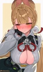 1girls alice_thymefield animal_ears black_gloves black_skirt blonde_hair blush braid braided_bangs breasts cleavage closed_mouth commentary double-parted_bangs female fingerless_gloves fingernails gloves hair_ornament hand_on_own_face helloimtea heterochromia highres long_hair long_sleeves medium_breasts orange_eyes paid_reward_available partially_unbuttoned rabbit_ears rabbit_girl shirt skirt solo sphere_hair_ornament twitter_username white_shirt yellow_eyes zenless_zone_zero