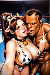1boy 1girls after_sex ai_generated balrog boxing_ring cow_print cow_print_bikini cum cum_in_pussy cum_inside cum_leak cum_leaking cum_leaking_out_of_penis cum_leaking_out_of_pussy cum_on_body cum_on_breasts cum_on_upper_body cumdrip dark-skinned_male dark_skin fatal_fury female fight fighting_ring king_of_fighters kissing licking_tongue mai_shiranui male middle_finger nsfwbisonmai open_mouth photo street_fighter tongue tongue_kiss tongue_out