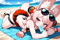(titancore) ai_generated animal_humanoid beach bikini_bottom bikini_top bunny_ears bunny_girl bunny_tail cute_girl eating_ice_cream female furry girl hair_ornament holding_object laying_down little_girl long_hair low_twintails monster_girl my_lady red_eyes relaxing sunglasses thiren video_game_character zenless_zone_zero zhao_(zenless_zone_zero)