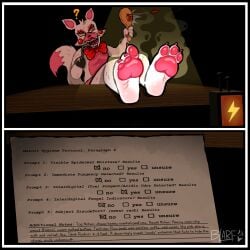 2026 3_toes absurd_res anthro black_border blarf022 border bow_tie canid canine confusion dipstick_tail english_text feet feet_up female five_nights_at_freddy's foot_focus foot_on_table fox funtime_foxy_(fnaf) furniture hi_res hook hook_hand mammal markings musk paddle_ball pawpads plantigrade_pawpads question_mark scottgames sister_location smell_profile smelly smelly_feet solo stink_fumes table tail tail_markings text toes