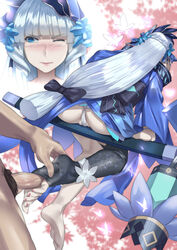 1boy aoandon bangs blue_eyes blunt_bangs blush commentary_request efet embarrassed female foot_fetish footjob footjob_from_behind from_behind from_below hair_ribbno highres japnese_clothes long_hair one_eye_closed onmyoji penis_in_legwear penis_in_thighhigs penis_under_clothes shy solo_focus thighhighs toeless_legwear torn_legwear torn_pantyhose very_long_hair yonoki