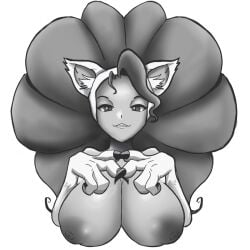 animal_ears anthro bare_breasts big_breasts black_and_white blush bow_tie breasts capcom cat_ears cat_girl cat_tail claws cleavage curled_hair darkstalkers eyebrows fangs felicia_(darkstalkers) female fur greyscale hair hands_on_breasts heart_gesture highres huge_breasts humanoid large_breasts looking_at_viewernipples melonmiloc nude open_mouth paws sharp_teeth shiny simple_background smile solo tail teeth topless white_background